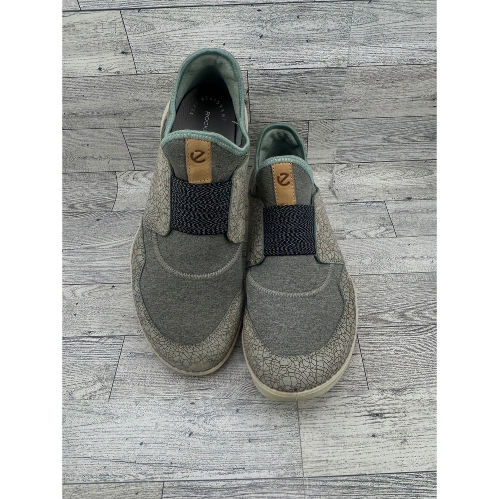 ECCO Biom Women Grey Sage Green Slip On Sneakers Crackle Pattern Sz 38 EU 7.5 US